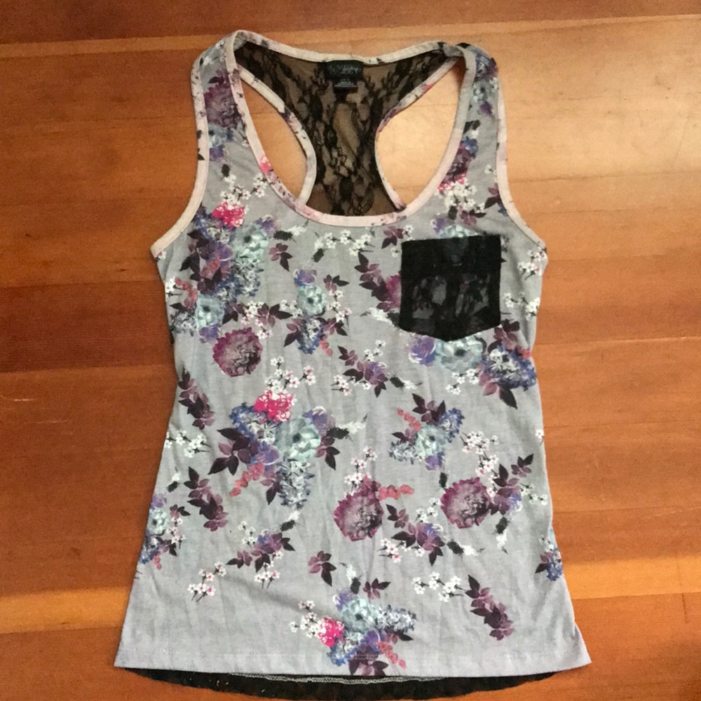 Purple floral tank. Black lace racer back.
